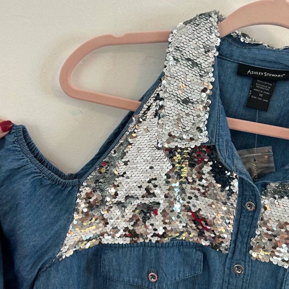 NWT Ashley Stewart Chambray and Sequin Cold Shoulder Button Down Size 14